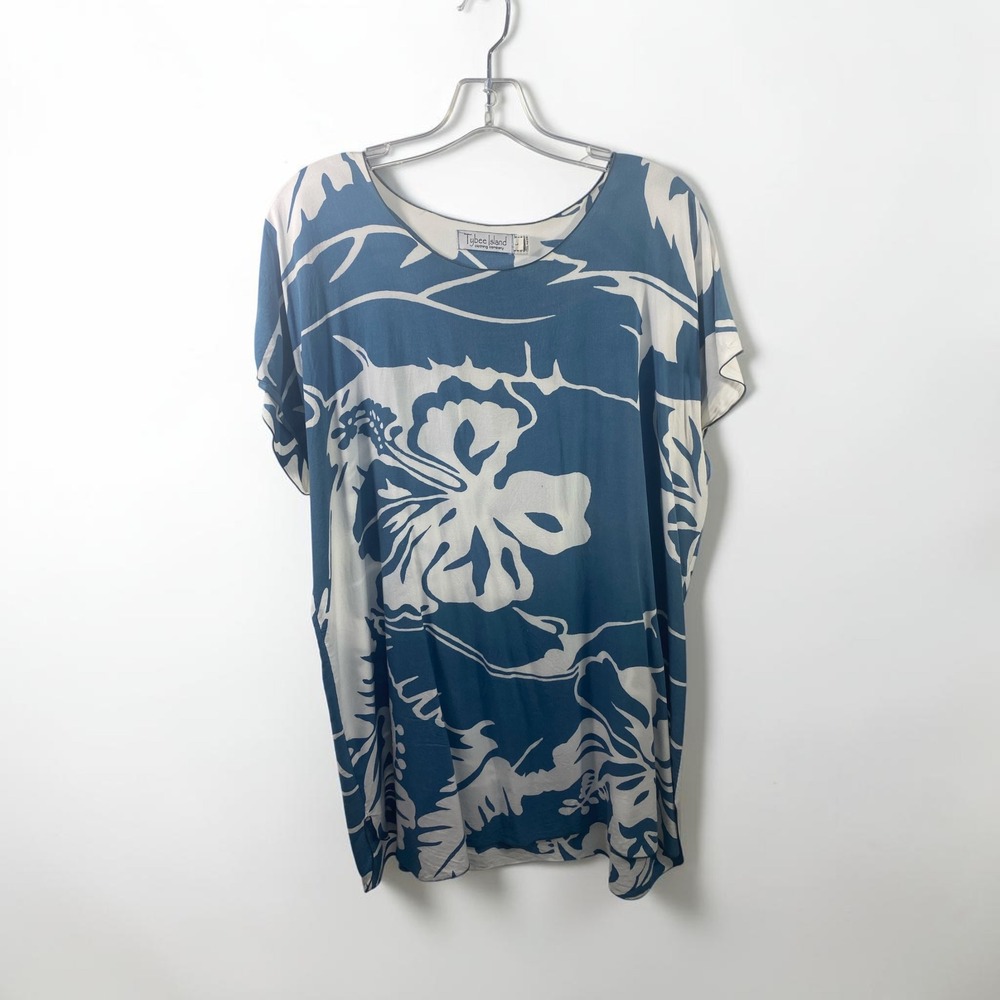 Tybee Island Clothing Co Blue White Hibiscus Floral Top Large Summer Blouse